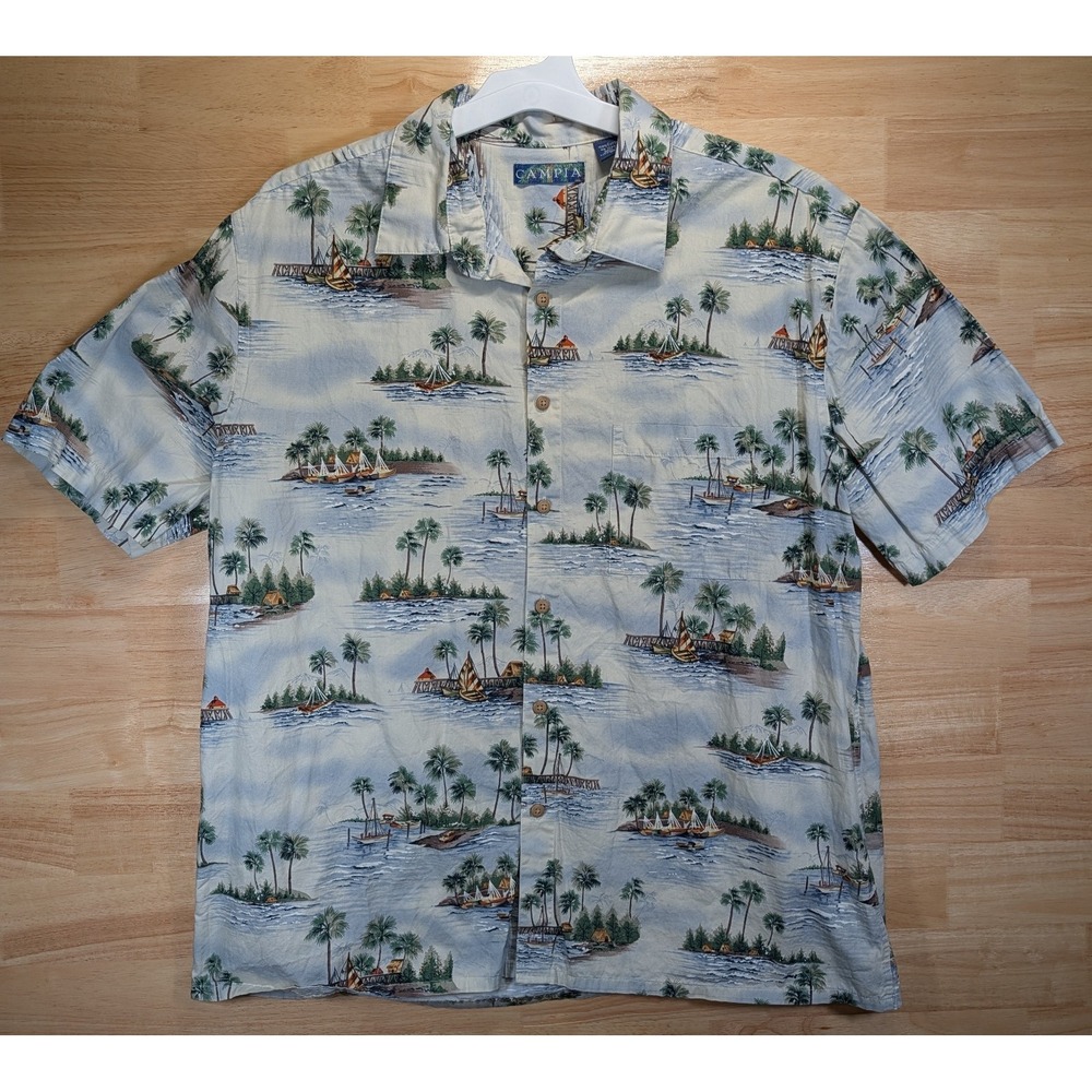 Campia Men's XL Hawaiian Shirt Beige‎ Island Print Cotton Short Sleeve